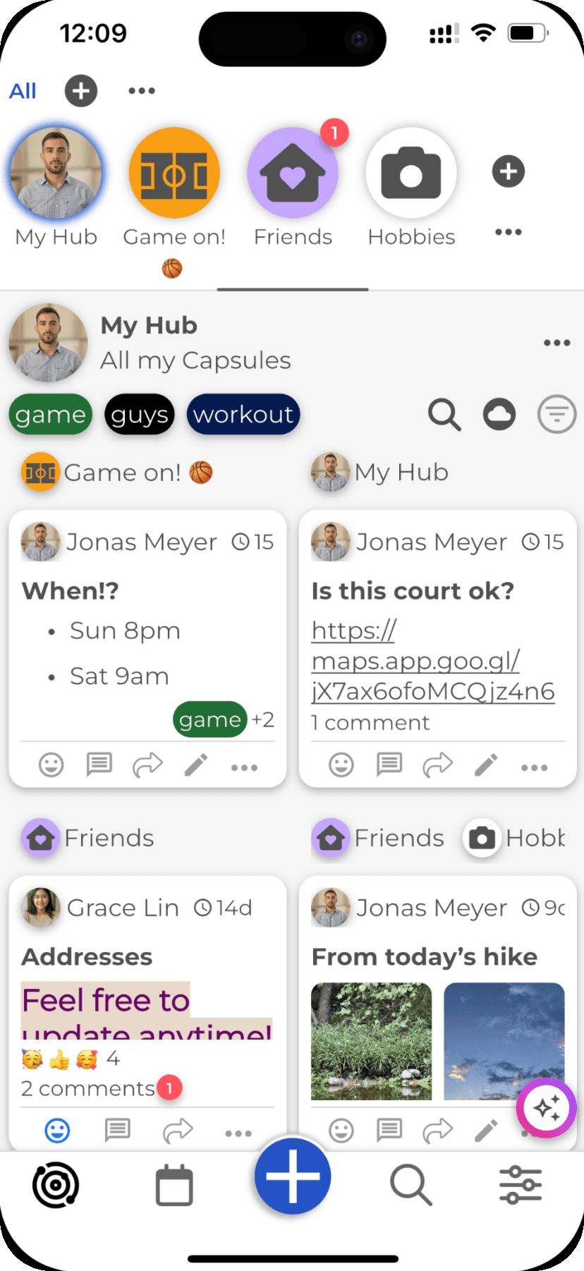 Glim feed with reactions and comments