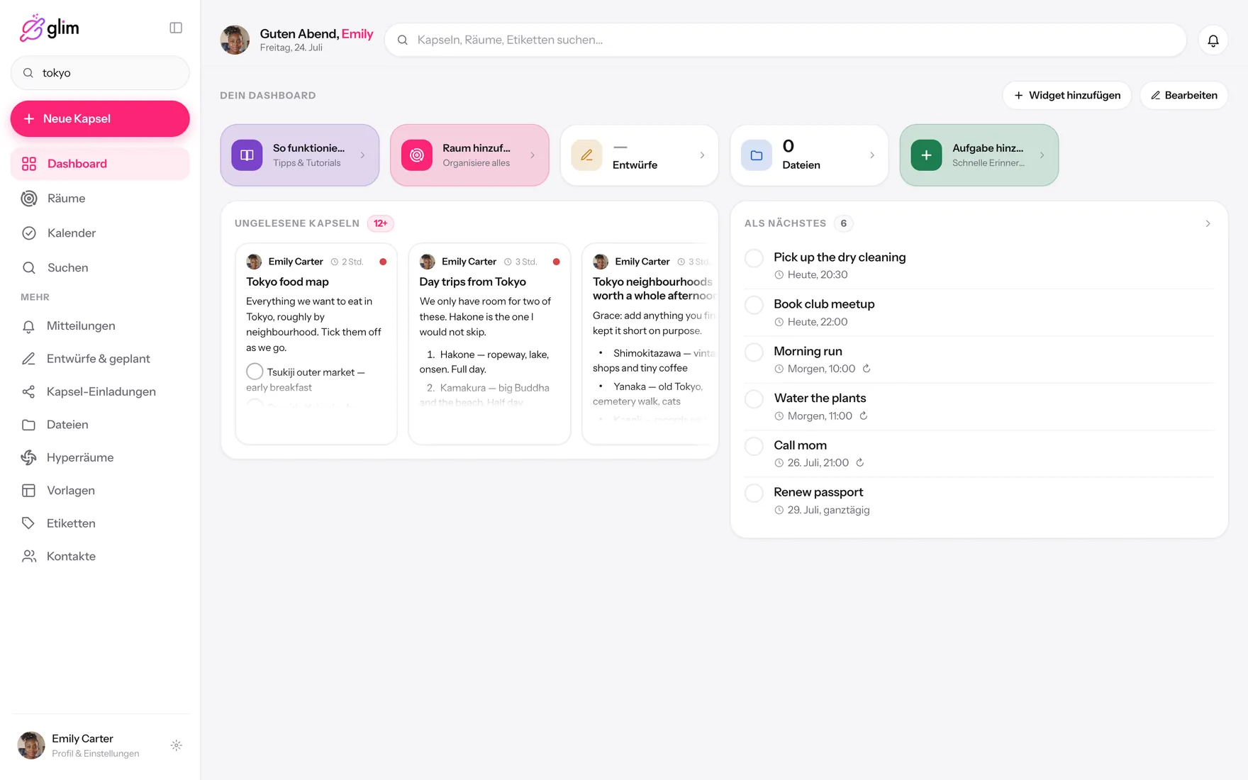 Glim auf einem Laptop mit geteilten Räumen — Dashboard