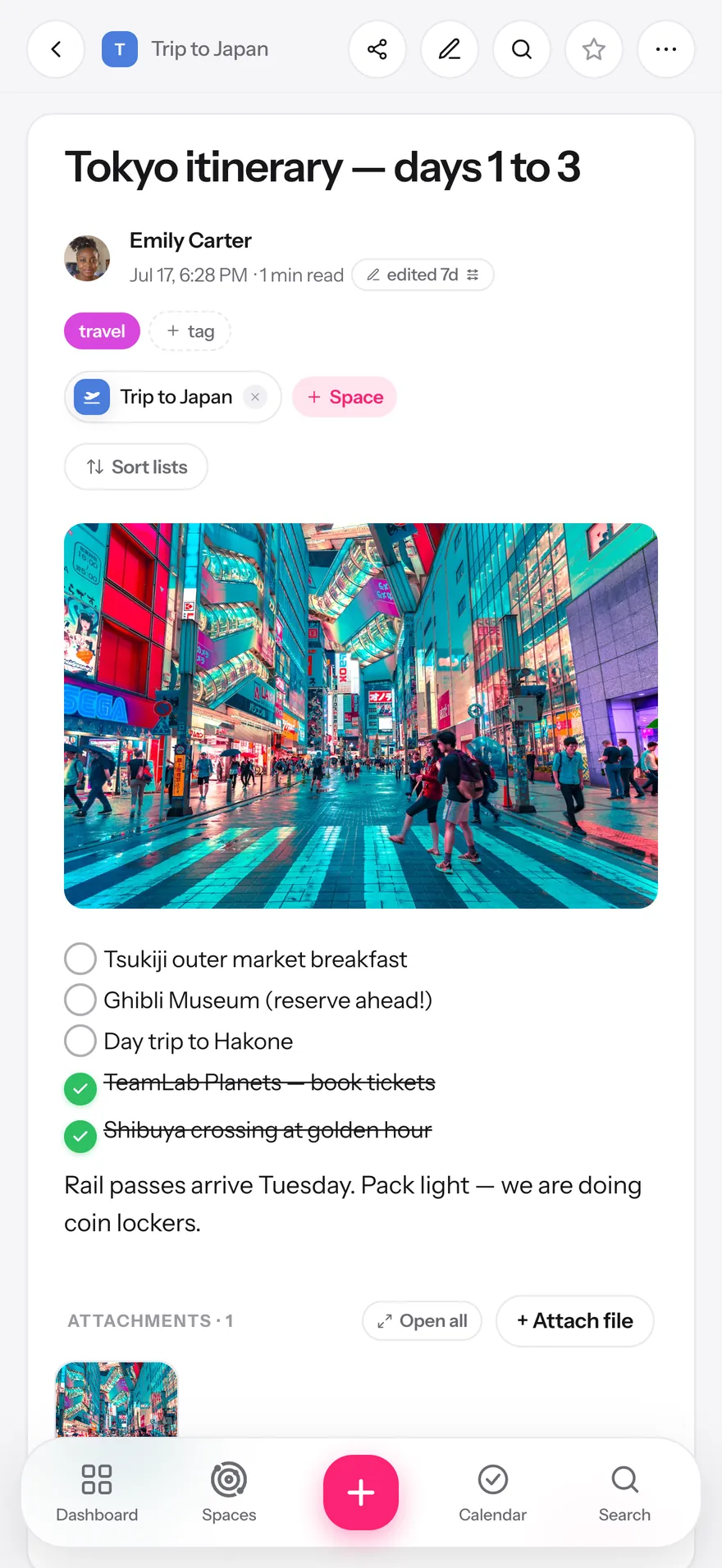 A Glim capsule with a photo of Tokyo, a checklist and tags