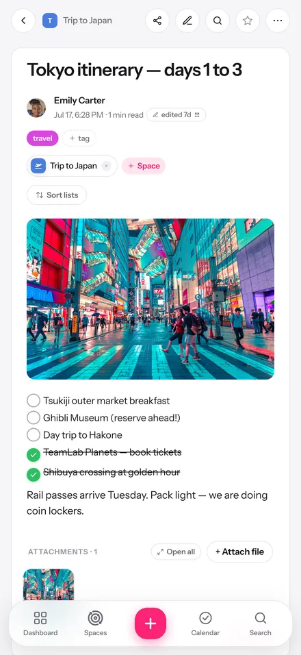 A Glim capsule with a photo of Tokyo, a checklist and tags