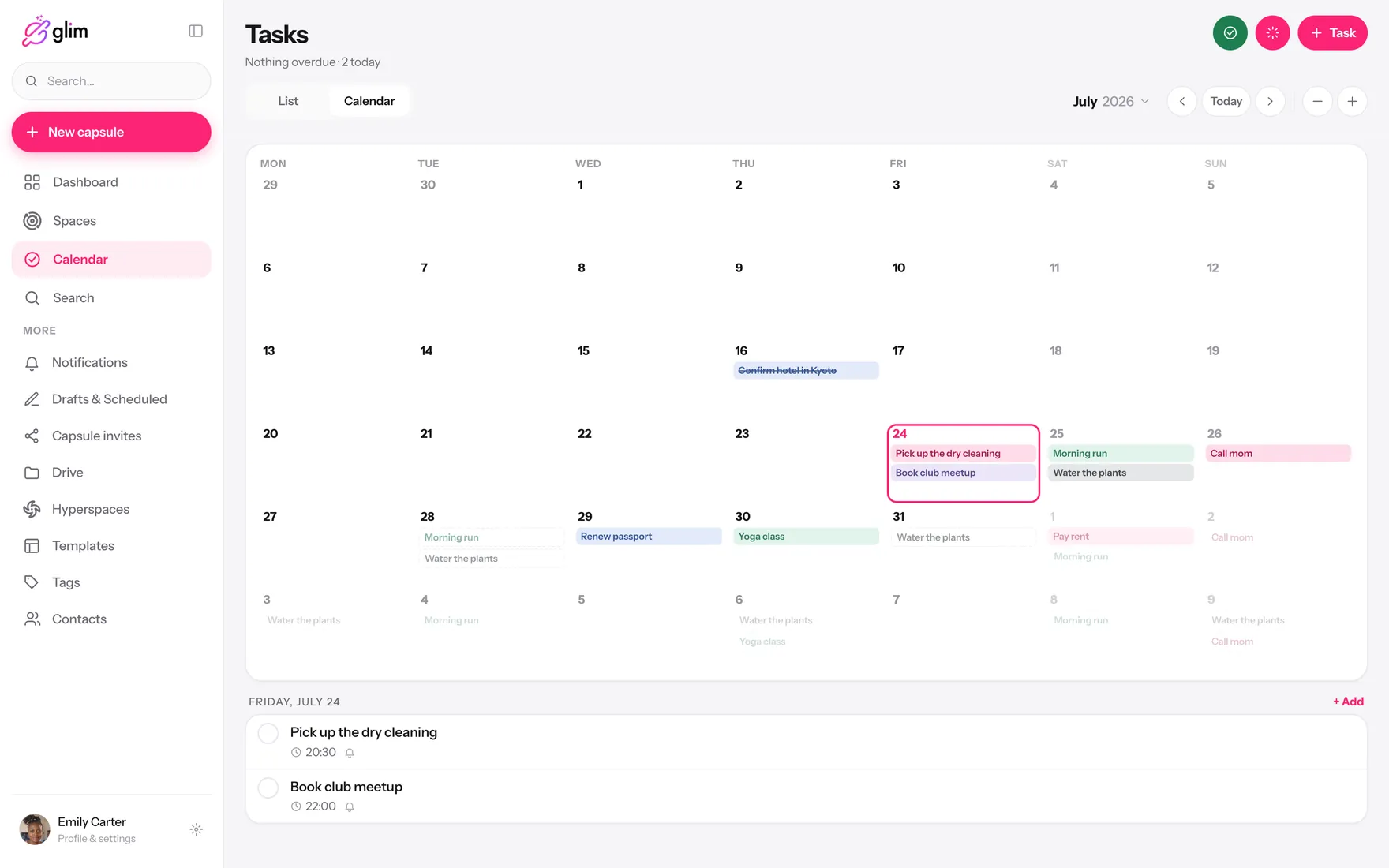 Glim running on a laptop, showing shared spaces — Calendar