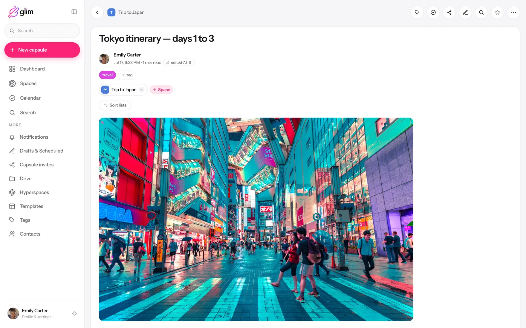 Glim running on a laptop, showing shared spaces — Capsule