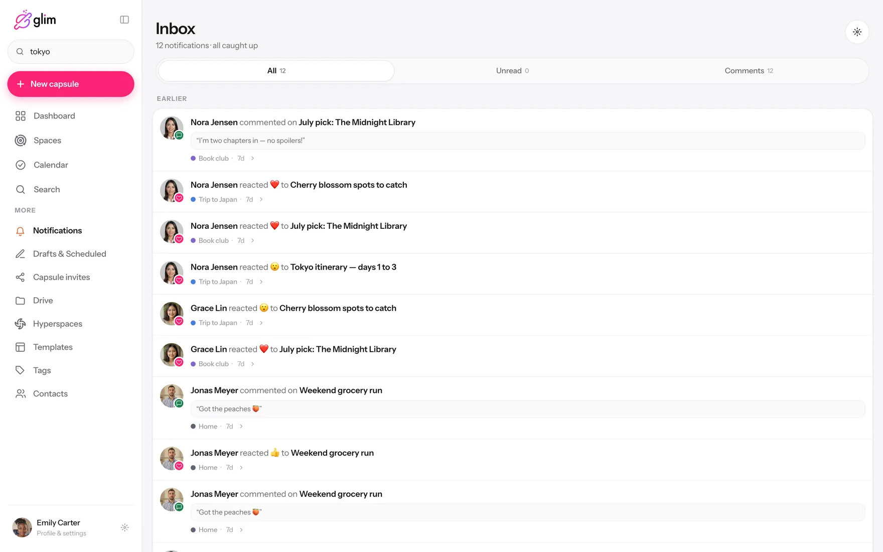 Glim running on a laptop, showing shared spaces — Inbox