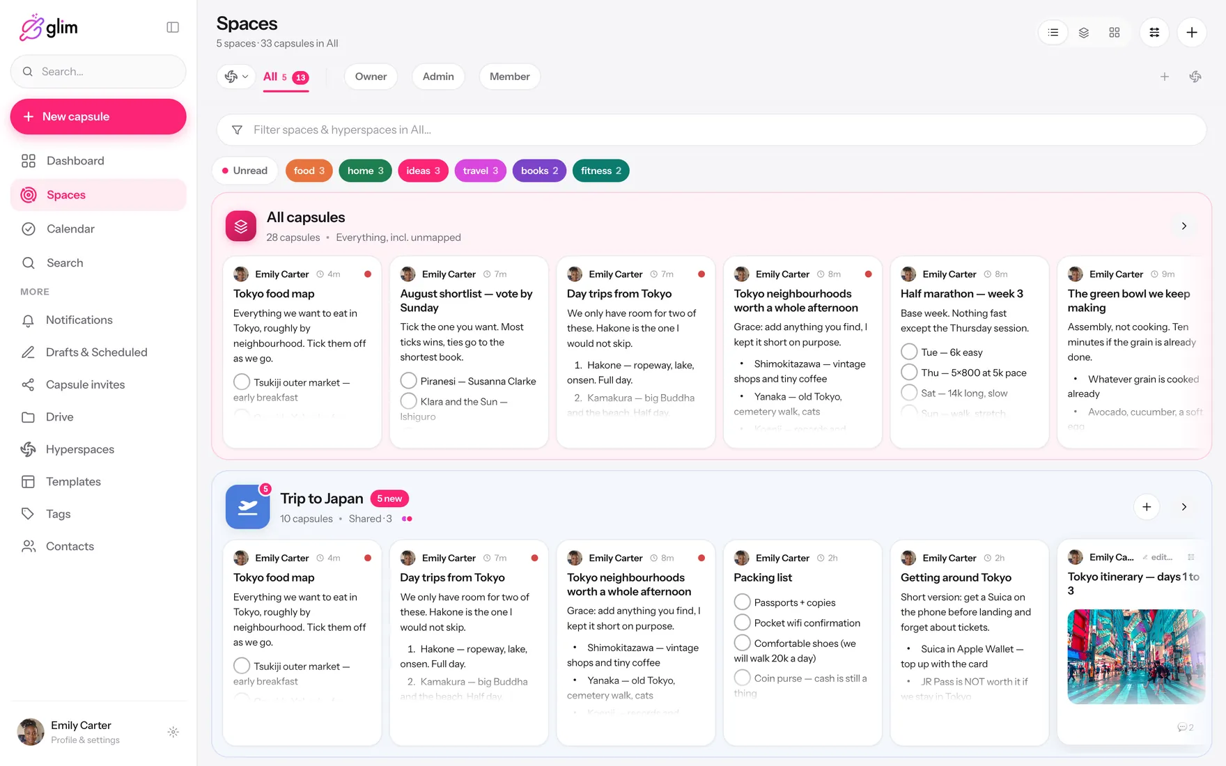 Glim running on a laptop, showing shared spaces — Spaces