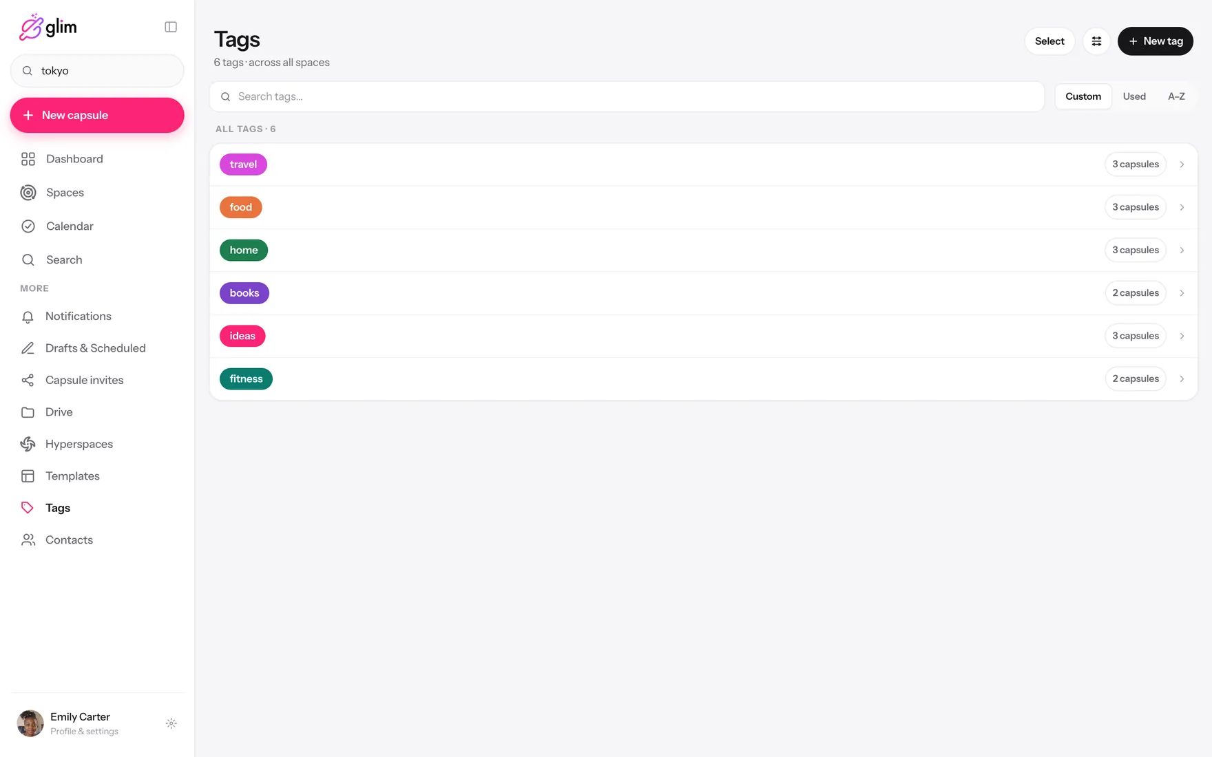 Glim running on a laptop, showing shared spaces — Tags