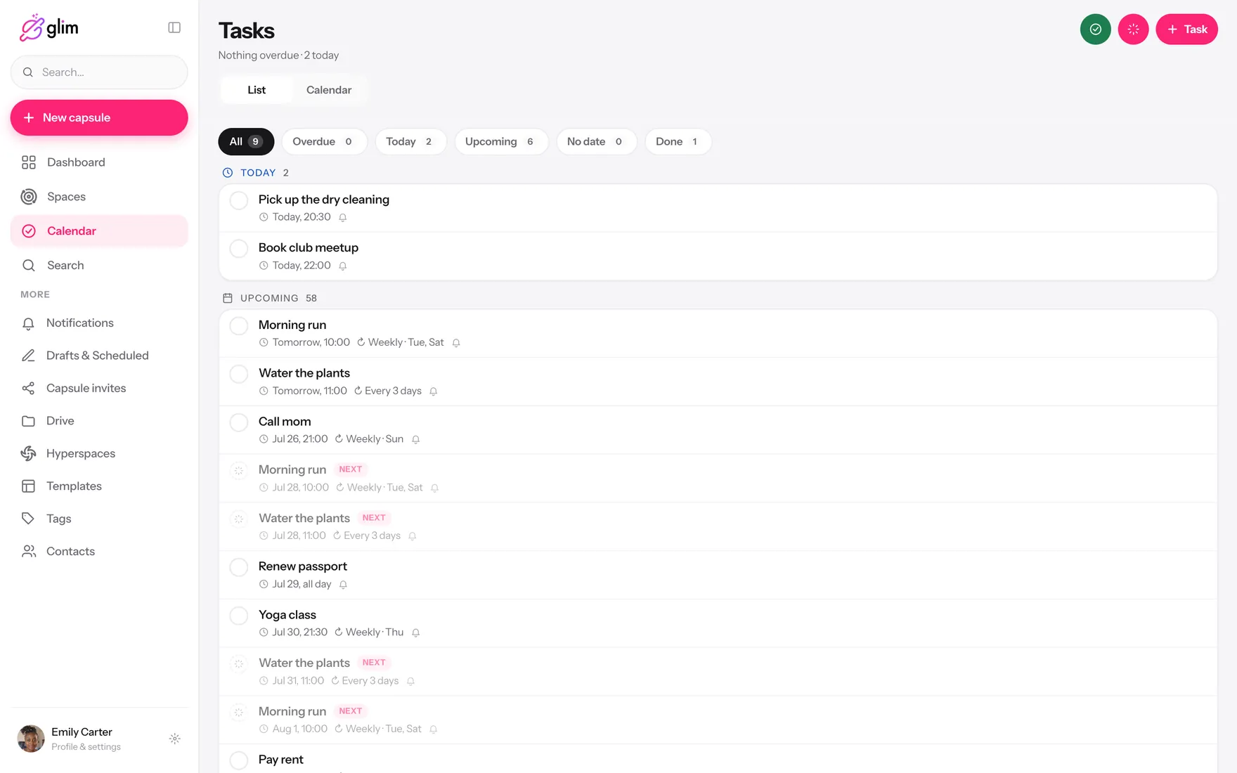 Glim running on a laptop, showing shared spaces — Tasks