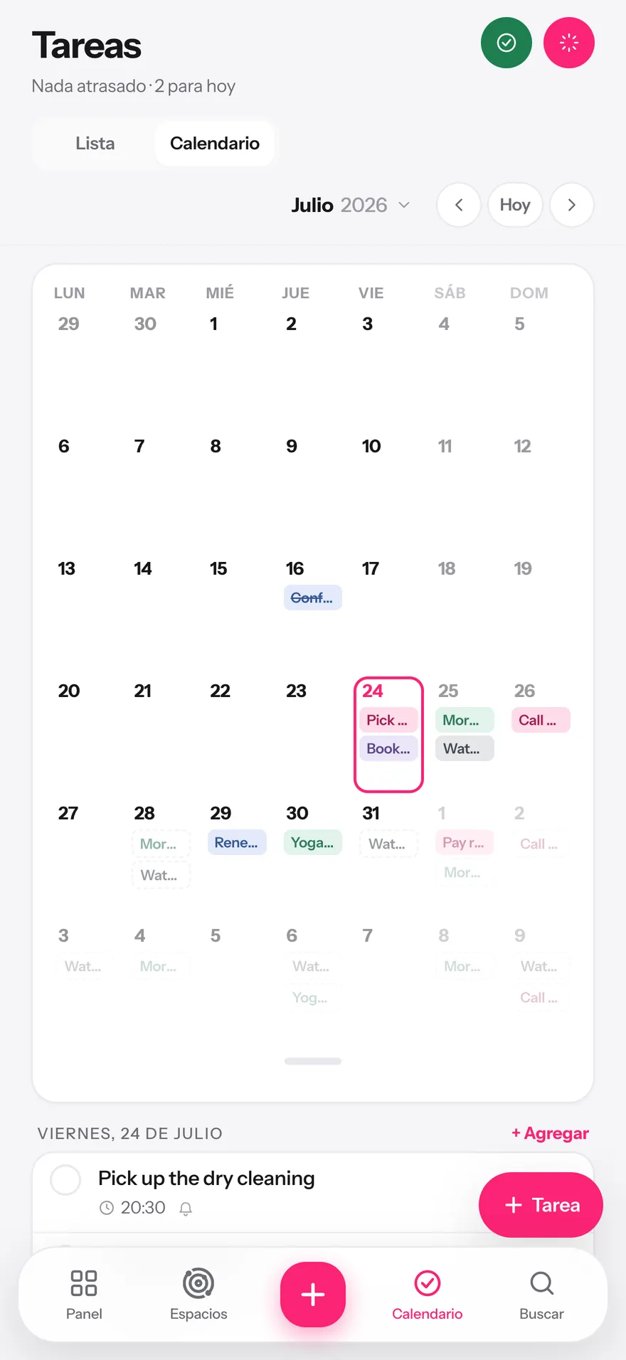 Calendario mensual de Glim con tareas recurrentes
