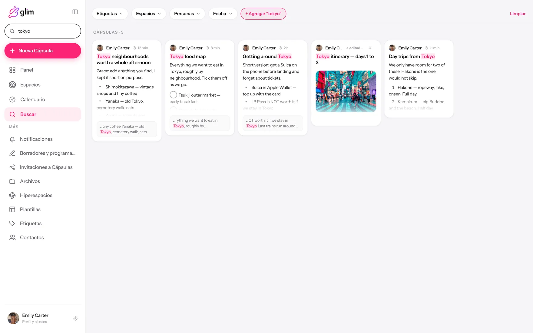 Glim en una laptop, mostrando espacios compartidos — Búsqueda