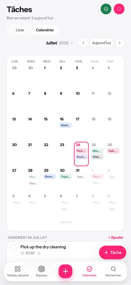 Calendrier mensuel de Glim avec des tâches récurrentes