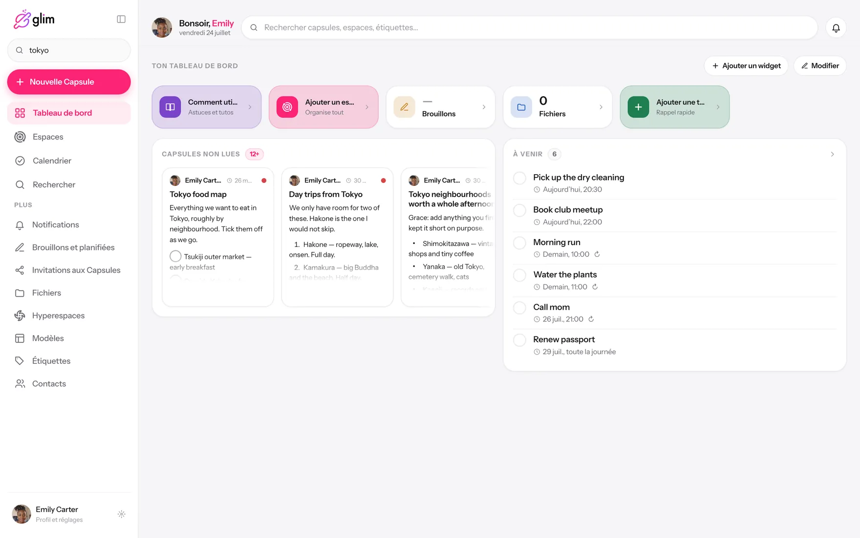 Glim sur un ordinateur portable, avec des espaces partagés — Tableau de bord