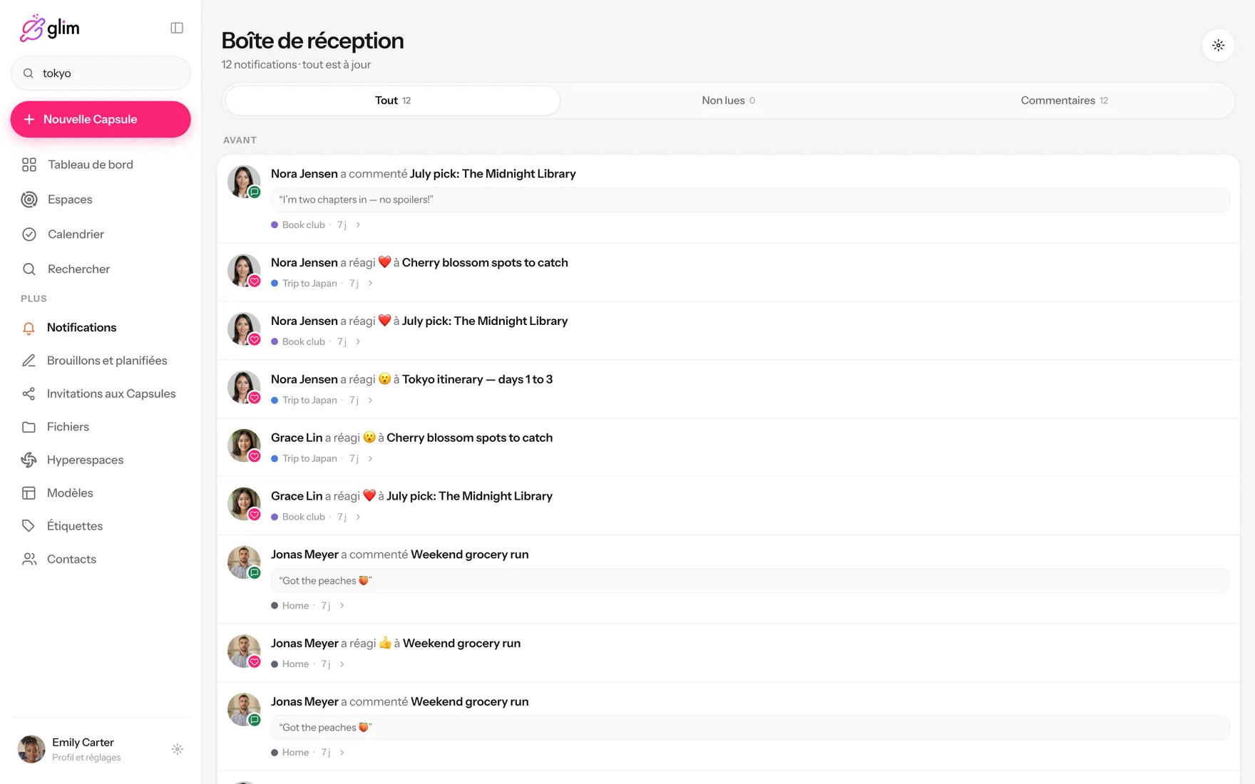 Glim sur un ordinateur portable, avec des espaces partagés — Boîte de réception