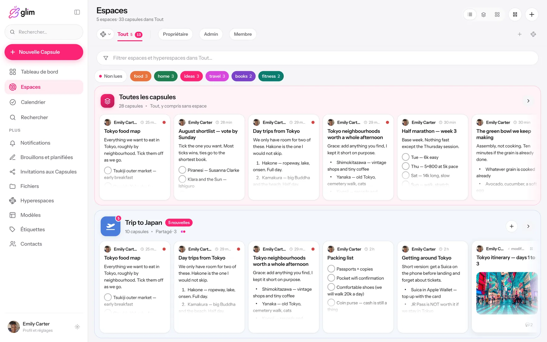 Glim sur un ordinateur portable, avec des espaces partagés — Espaces