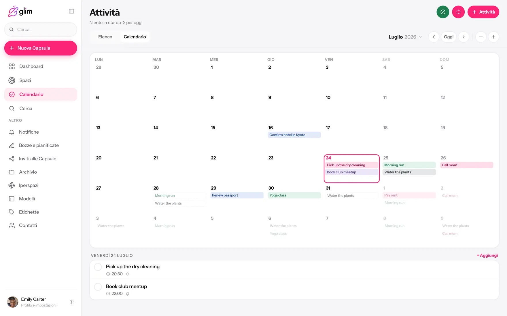 Glim su un portatile, con gli spazi condivisi — Calendario