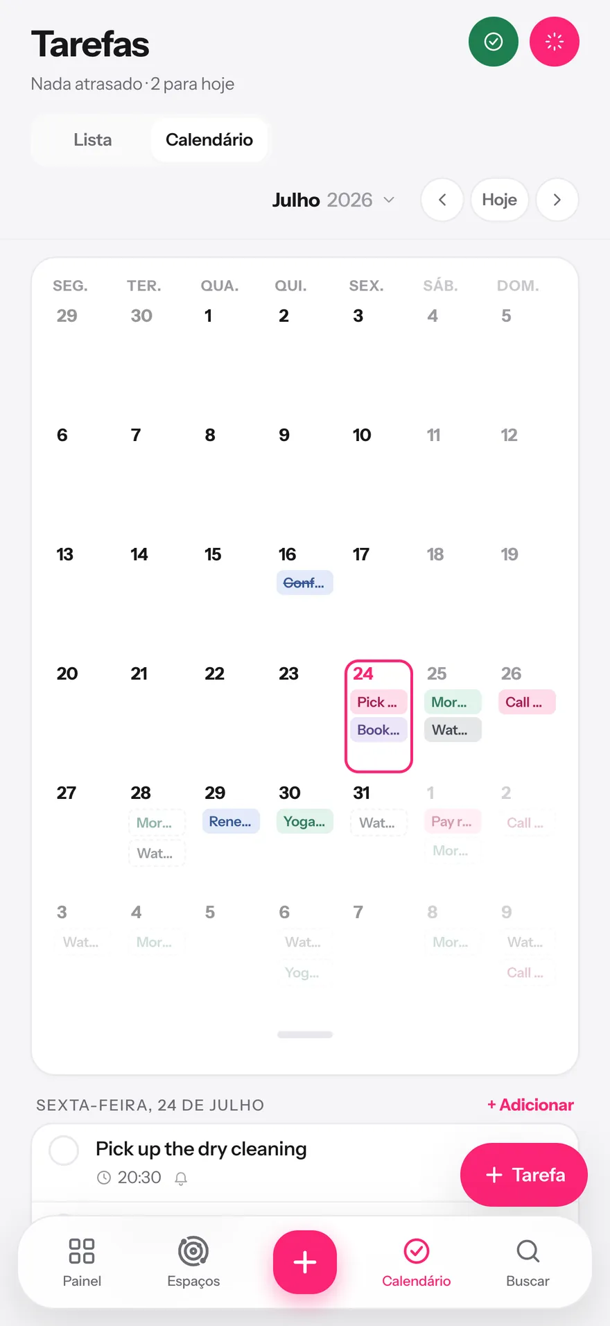 Calendário mensal do Glim com tarefas recorrentes