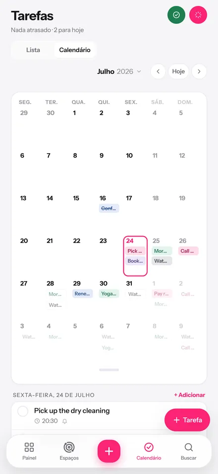Calendário mensal do Glim com tarefas recorrentes