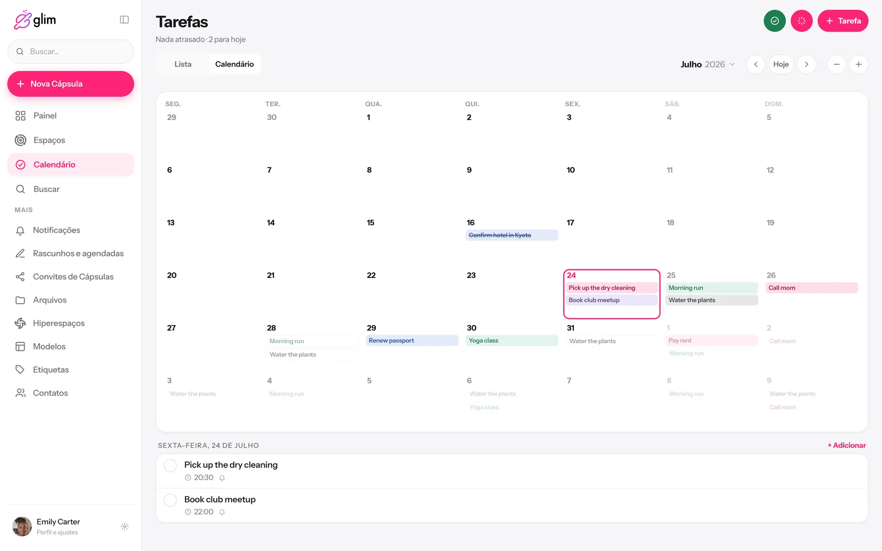 Glim num notebook, mostrando espaços compartilhados — Calendário