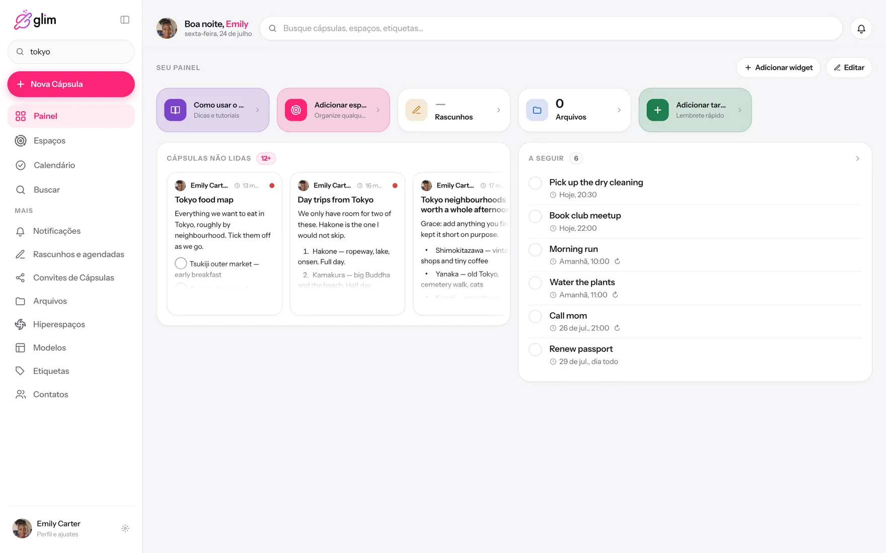 Glim num notebook, mostrando espaços compartilhados — Painel