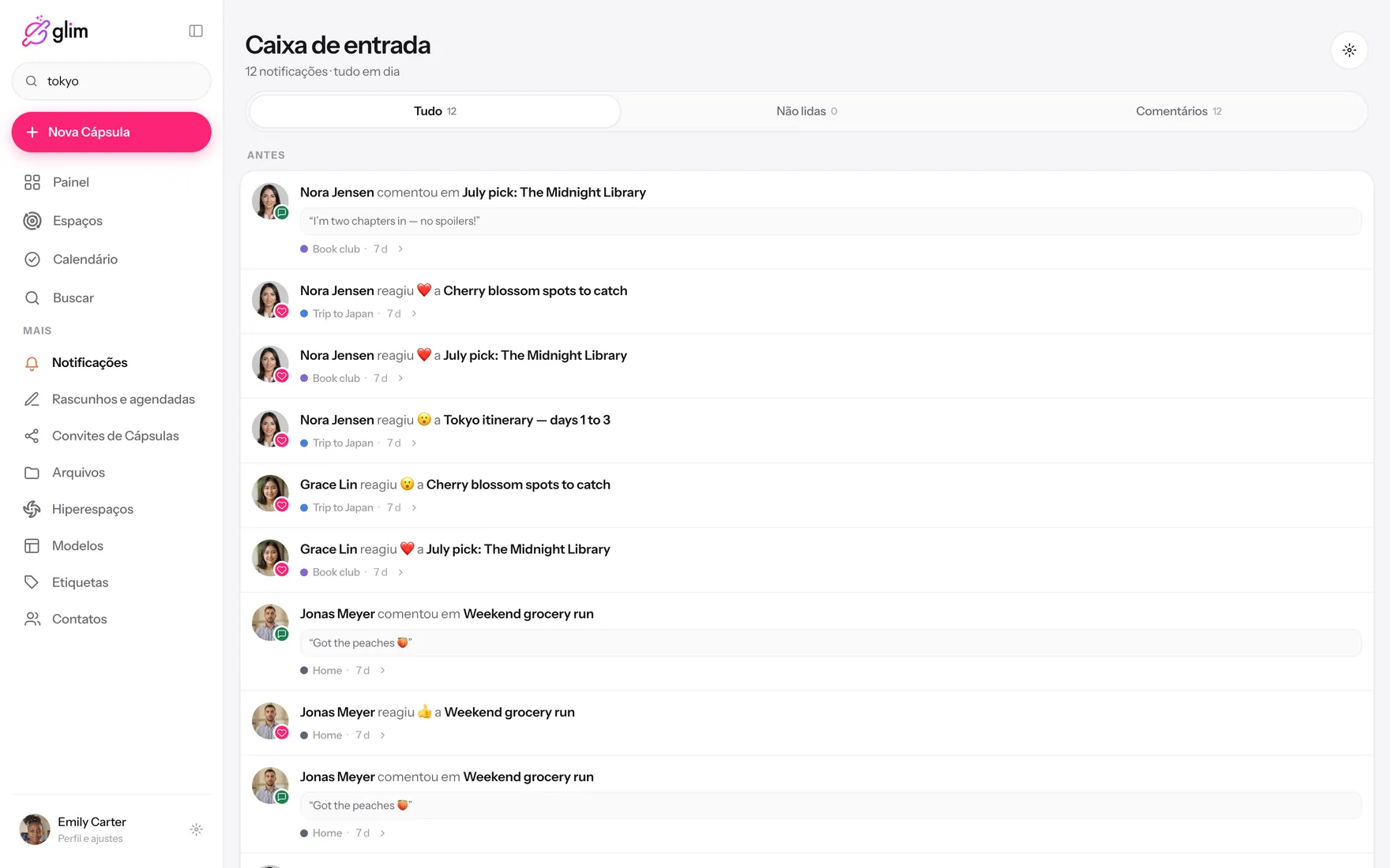 Glim num notebook, mostrando espaços compartilhados — Caixa de entrada