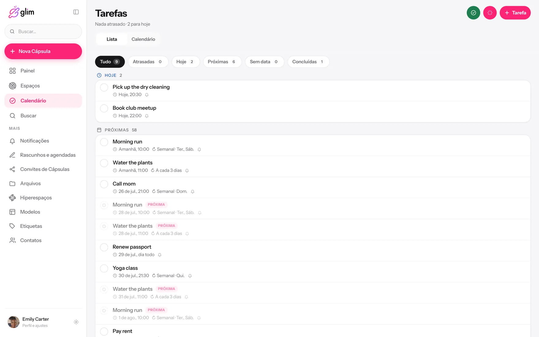 Glim num notebook, mostrando espaços compartilhados — Tarefas